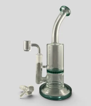 BUBBLER_HONEYCOMB_DIFF_01 10” Teal Honeycomb Glass Bubbler & Dab Rig – 14mm Bowl + Quartz Banger