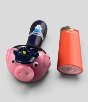 Chameleon Glass Cute Pig Glass Pipe with lighter for size comparison