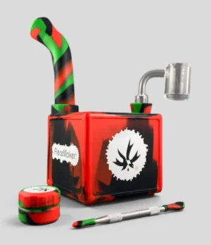 PieceMaker Kube silicone dab rig in Kwest Swirl with quartz banger and accessories