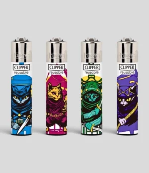 Clipper Ninja Kittens Lighter collection with blue, pink, green and purple cat designs