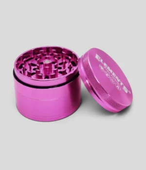 Elements Pink 4 Piece Aluminum Grinder with open grinding chamber and branded lid